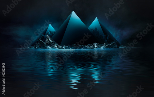 Dark, night abstract fantasy landscape with island, pyramids. Reflection of neon in water, sea, ocean. Smoke, smog on the shore. A modern futuristic landscape. 