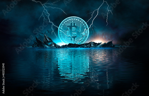 Dark, night abstract fantasy landscape with island, pyramids, bitcoin and lightning. Reflection of neon in water, sea, ocean. Smoke, smog on the shore. A modern futuristic landscape with bitcoin.