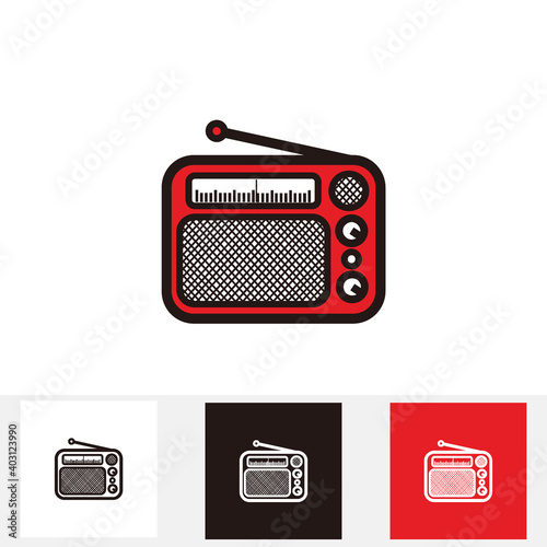 red classic square radio style with antenna - silhouette vintage square radio tuner with antenna - vintage classic square radio with antenna isolated on white, red and black