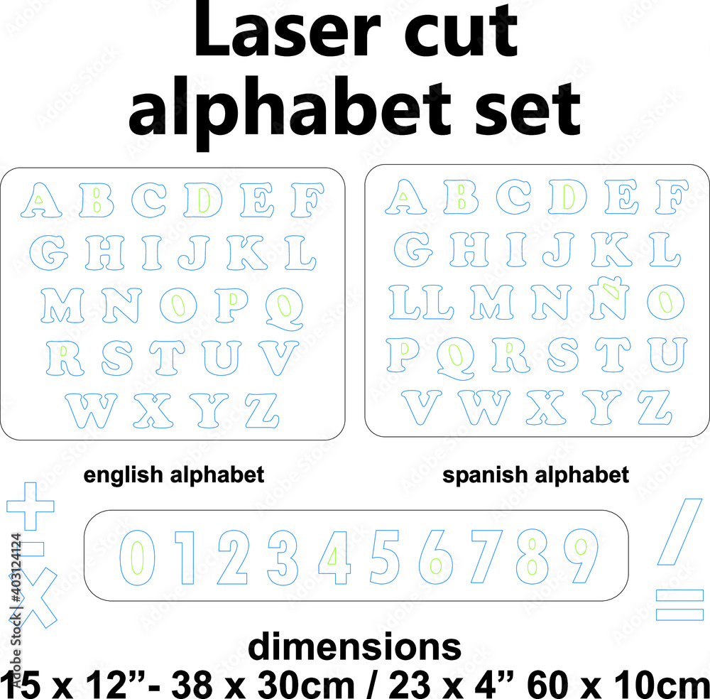 Alphabet letters numbers laser cut template vector pattern kids education  school supplies design set Stock Vector | Adobe Stock