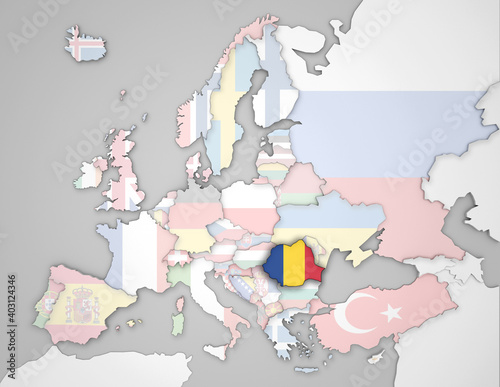 3D Europakarte auf der Rumänien hervorgehoben wird und die restlichen Flaggen transparent sind