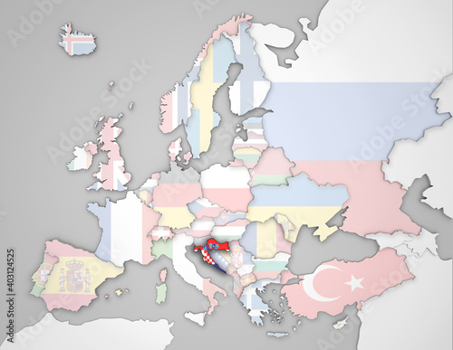 3D Europakarte auf der Kroatien hervorgehoben wird und die restlichen Flaggen transparent sind
