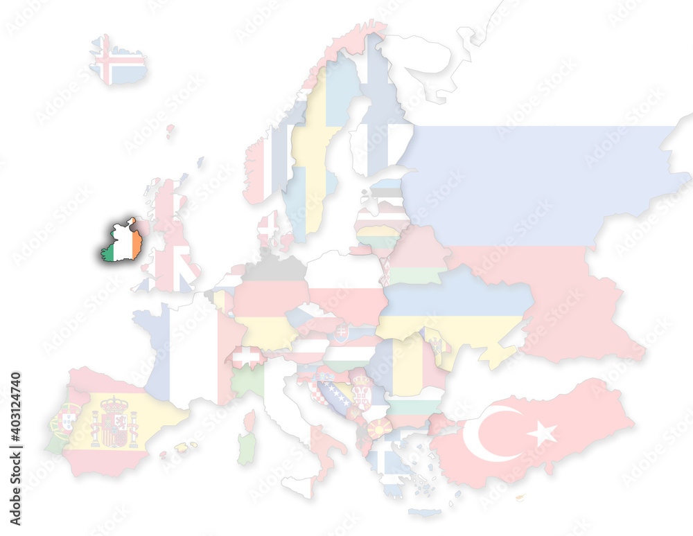 3D Europakarte auf der Irland hervorgehoben wird und die restlichen Flaggen transparent sind
