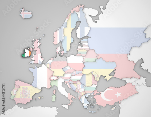3D Europakarte auf der Irland hervorgehoben wird und die restlichen Flaggen transparent sind
