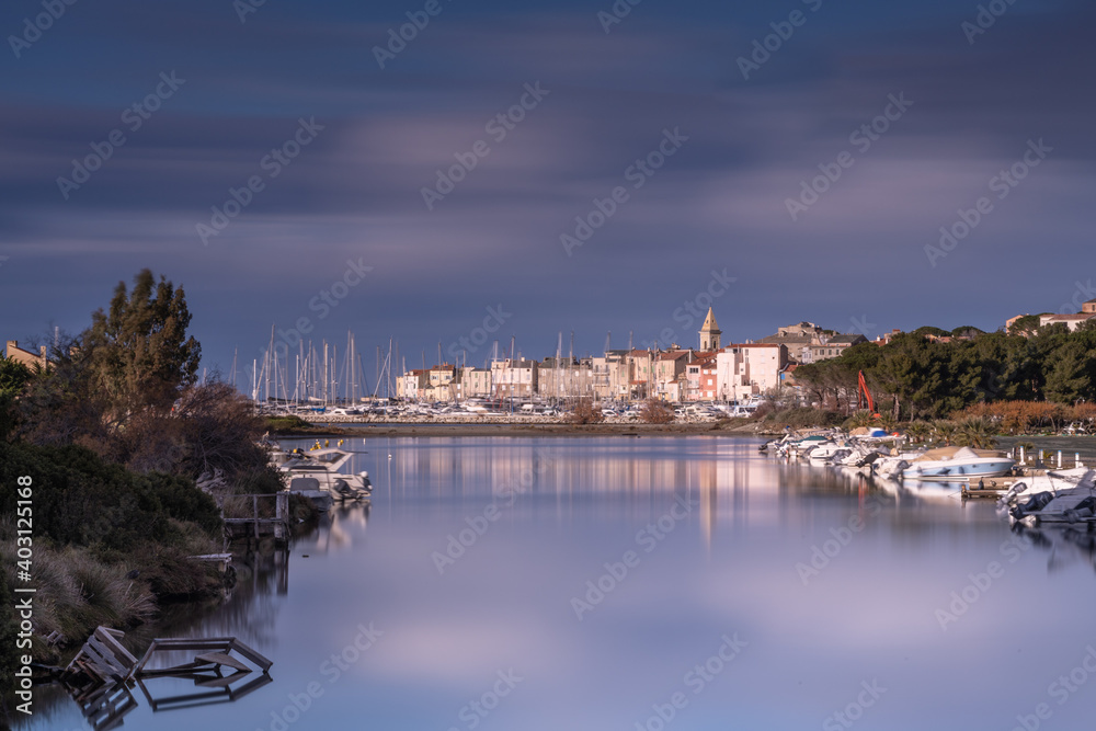 Long exposure of the village of Saint Florent, popular tourist destination in the north of Corsica, France
