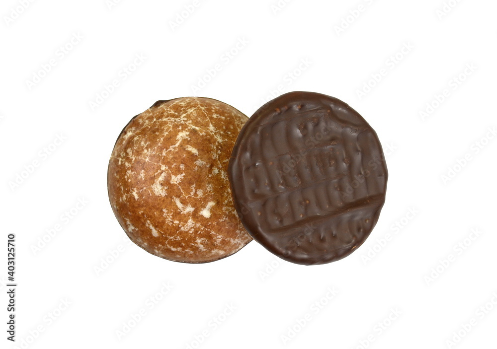 Glazed gingerbread lebkuchens with chocolate isolated on white. German round gingerbread called 'Lebkuchen' Glazed gingerbread lebkuchens with chocolate isolated on white. German round gingerbread called 'Lebkuchen'