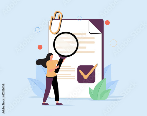 Woan holding magnifying glass and examining document. Concept of business analysis, audit, professional check.