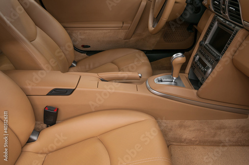 Automatic transmission in modern sport car. Interior detail.