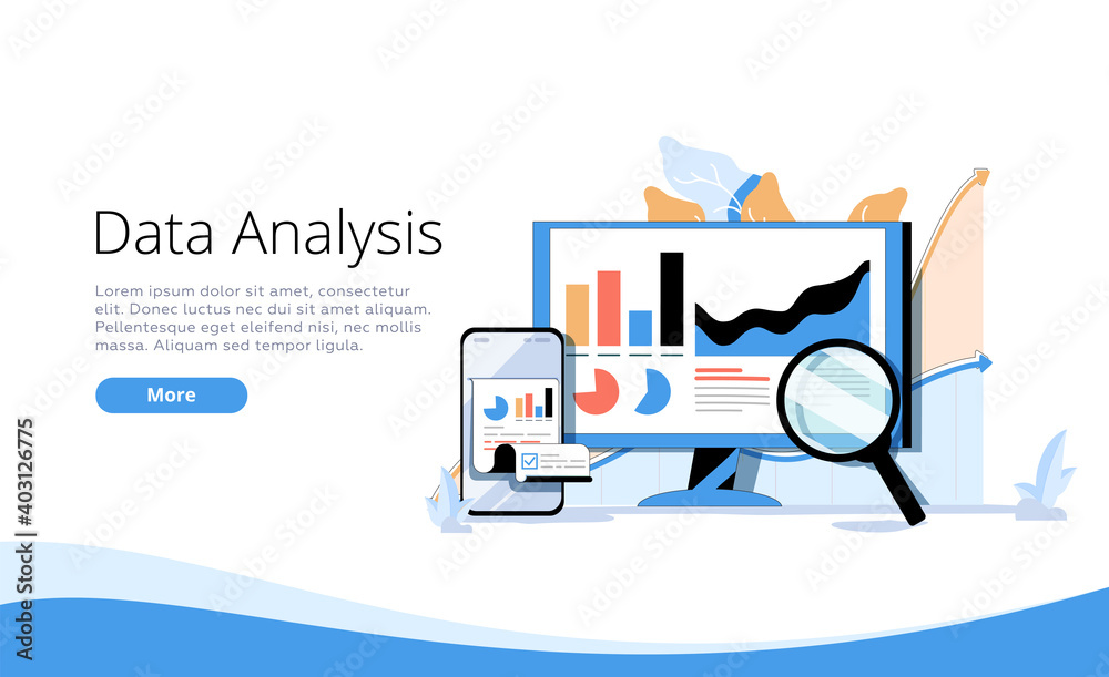 Landing page template with man and woman with magnifying glass analyzing diagrams and graphs. Concept of statistical. - obrazy, fototapety, plakaty 