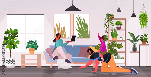 daughter riding on father's back parenting fatherhood concept happy family spending time together at home living room interior horizontal full length vector illustration