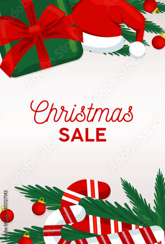 happy merry christmas sale lettering card with santa hat and cane