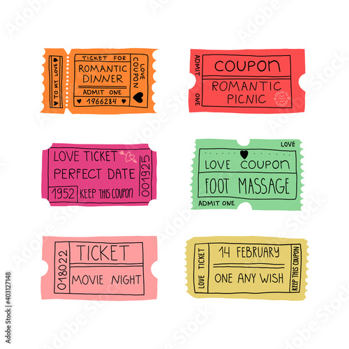 Valentine's Day set of a love coupons for a romantic dinner, picnic, perfect date, foot massage, movie night, one wish. 