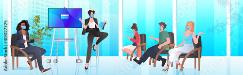 businesswoman in mask discussing with mix race businesspeople team during conference meeting in office coronavirus pandemic concept horizontal full length vector illustration