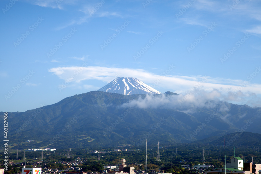 View of Mount Fuji in Japan as seen from Mishima City, Shizuoka Prefecture, Japan.