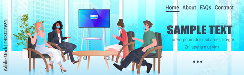 mix race businesspeople sitting at workplaces business people wearing masks to prevent coronavirus pandemic teamwork concept horizontal full length copy space vector illustration