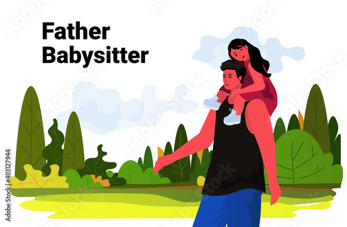 daughter sitting on father's shoulders happy family walking outdoor parenting fatherhood concept landscape background horizontal vector illustration