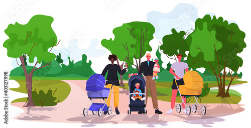 mix race fathers walking outdoor with newborn babies in strollers fatherhood parenting concept dads spending time with kids in park landscape background full length horizontal vector illustration