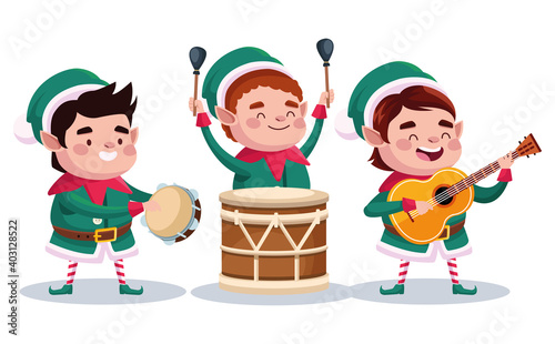 group of santa helpers playing instruments characters