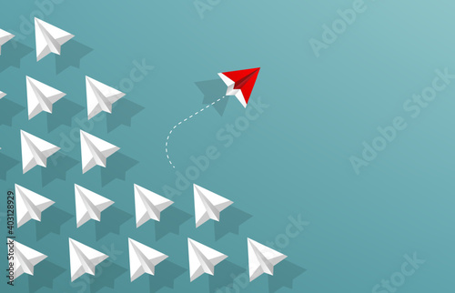 Red paper plane change to new direction. Different business concept vector illustration photo