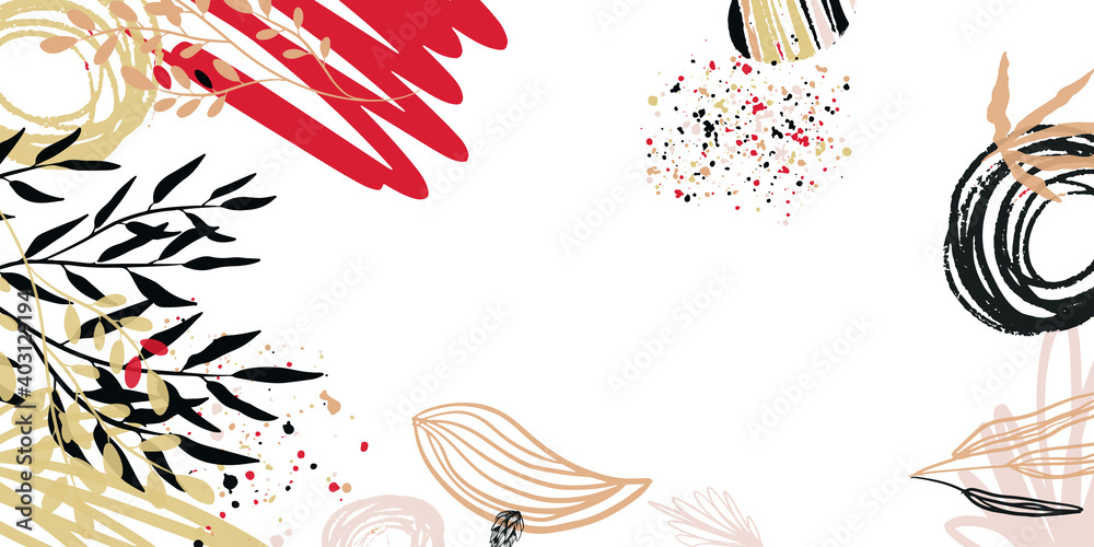 Obraz premium Floral botanical organic abstract background with hand drawn flower art. Create your own design with these graphic items. Trendy geometric forms, textures, strokes, abstract and floral decor elements.