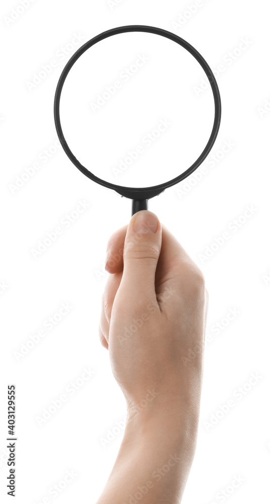 Woman holding magnifying glass on white background, closeup. Find keywords concept Woman holding magnifying glass on white background, closeup. Find keywords concept