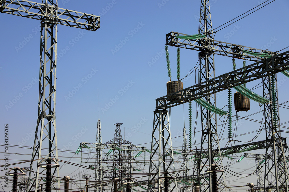 Modern electrical substation outdoors on sunny day Modern electrical substation outdoors on sunny day
