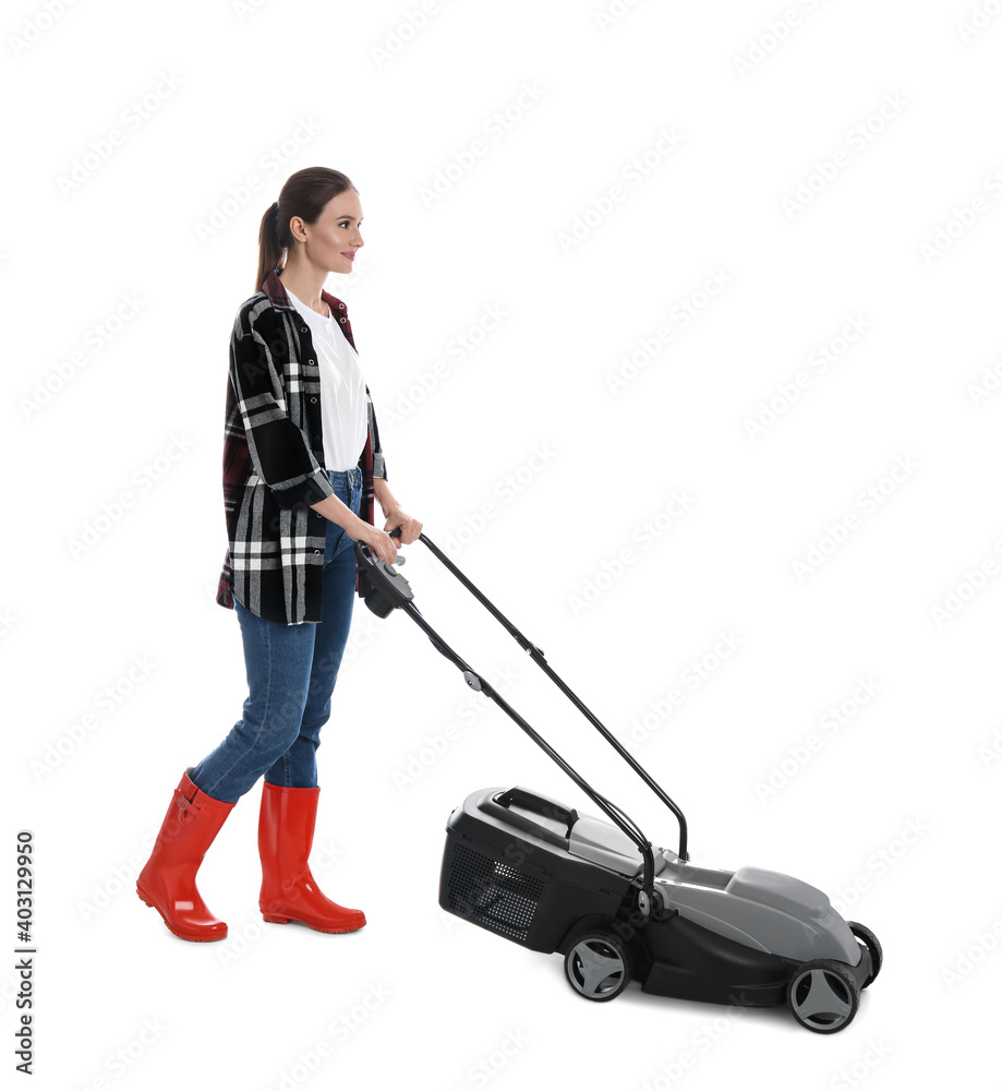 Young woman with modern lawn mower on white background Young woman with modern lawn mower on white background