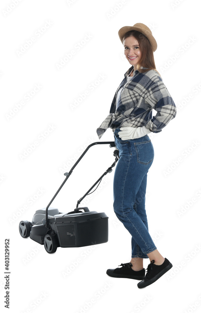 Young woman with modern lawn mower on white background Young woman with modern lawn mower on white background
