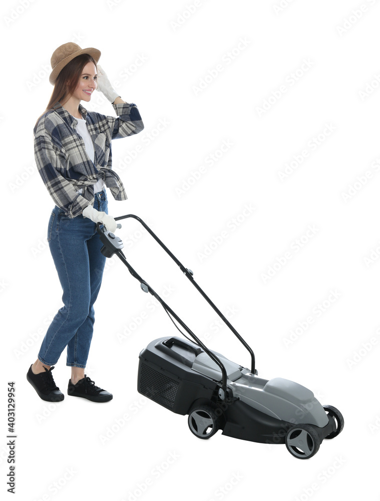 Young woman with modern lawn mower on white background Young woman with modern lawn mower on white background