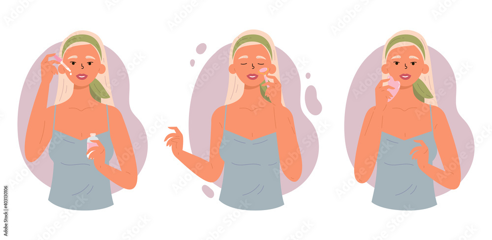 Young beautiful blonde woman with bottle of face serum, facial gua sha stone and roller. Facial yoga. Woman massaging her face. Anti-aging skin care method. Vector flat illustration. Young beautiful blonde woman with bottle of face serum, facial gua sha stone and roller. Facial yoga. Woman massaging her face. Anti-aging skin care method. Vector flat illustration.