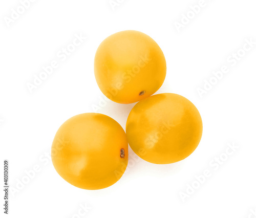 Delicious ripe yellow tomatoes isolated on white, top view