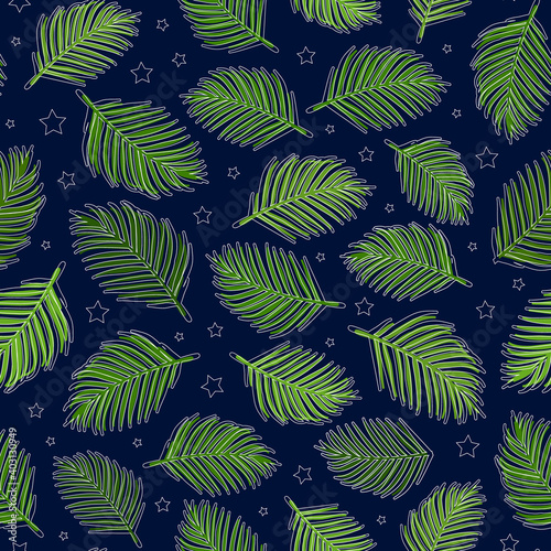Tropical palm leaves and stars with white outline and green color  over dark blue background  vector illustration  seamless pattern.
