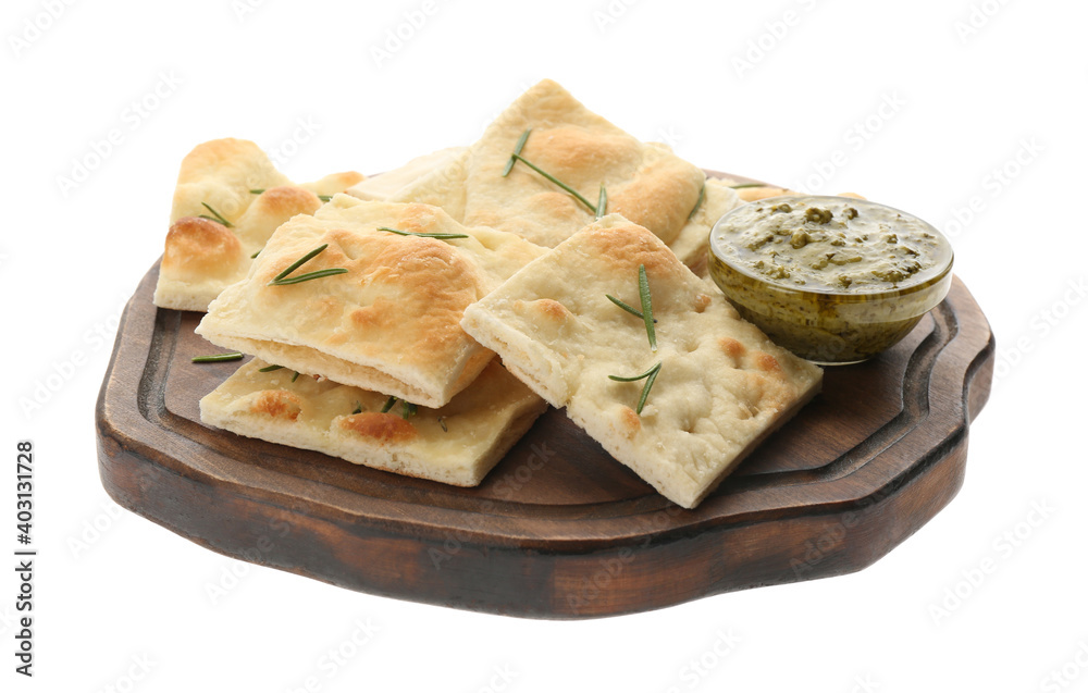 Slices of delicious focaccia bread on white background