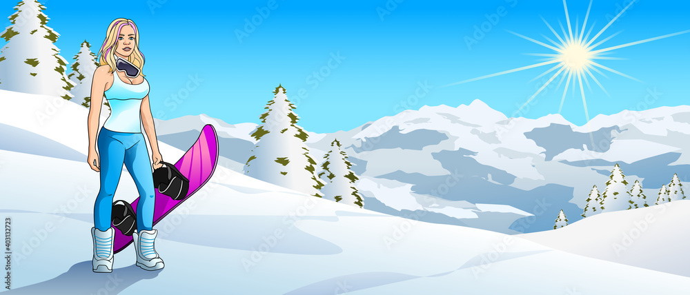 Beautiful young Woman with Snowboard in Mountain Environment Version 1