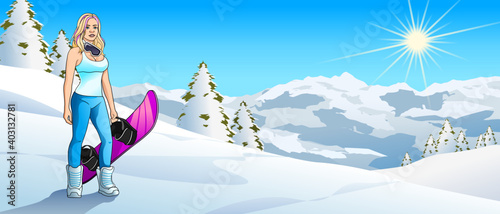 Beautiful young Woman with Snowboard in Mountain Environment Version 1