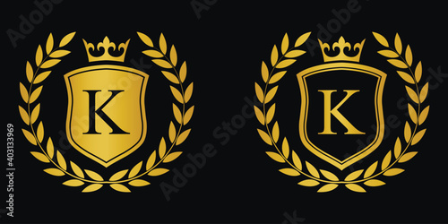  Letter K golden laurel wreath template logo Luxury shield letter with crown. Monogram alphabet . Beautiful royal initials letter.