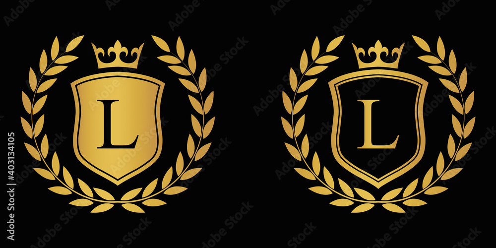 Obraz premium Letter L golden laurel wreath template logo Luxury shield letter with crown. Monogram alphabet . Beautiful royal initials letter.