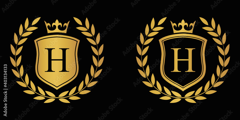Obraz premium Letter H golden laurel wreath template logo Luxury shield letter with crown. Monogram alphabet . Beautiful royal initials letter.