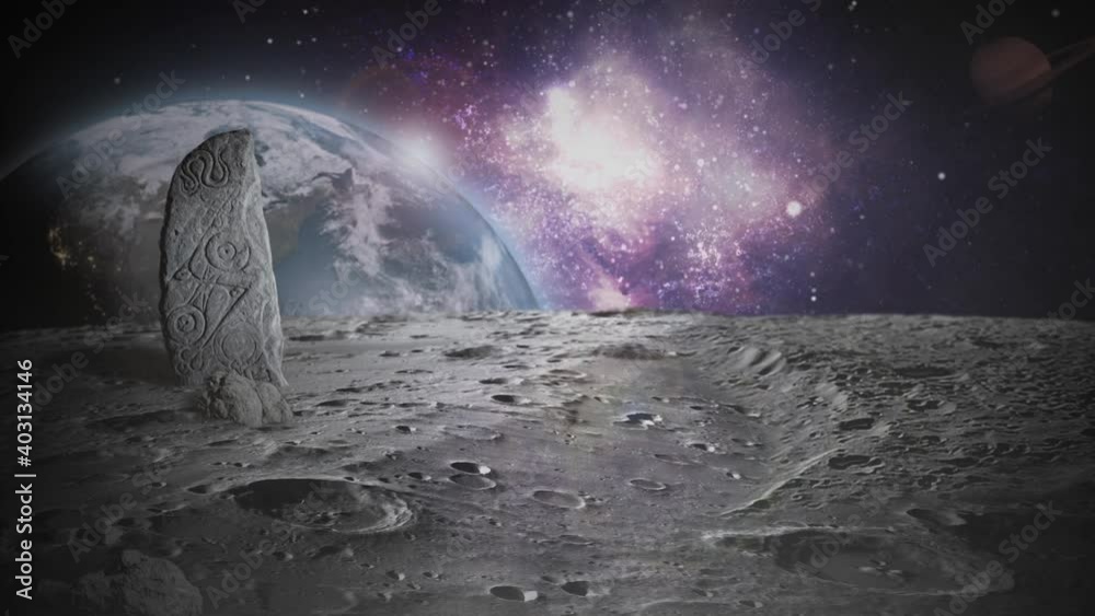 View from the Moon Standing Stone 4K Loop features a view from the surface of the moon with a standing stone, the earth and nebula in the background in a loop