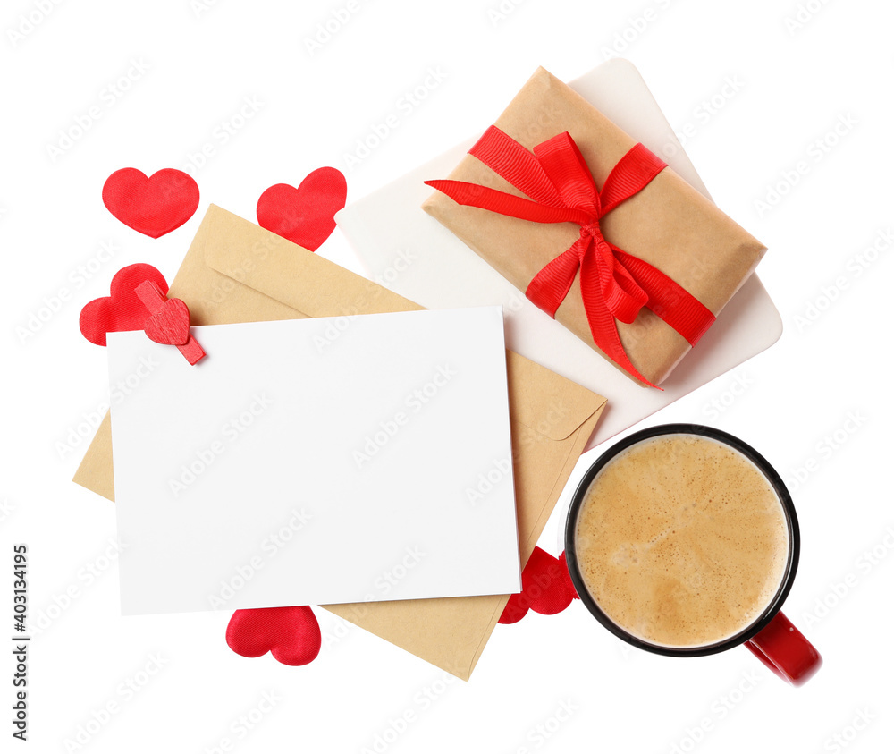 Blank card, gift box and cup of coffee on white background, top view. Valentine's Day celebration Blank card, gift box and cup of coffee on white background, top view. Valentine's Day celebration