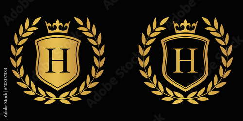  Letter H golden laurel wreath template logo Luxury shield letter with crown. Monogram alphabet . Beautiful royal initials letter.