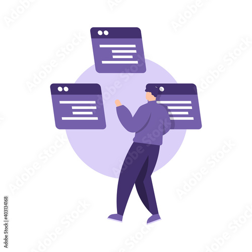 a full stack developer, programmer, back end and front end developer. illustration of a male employee creating and completing a program or coding. flat design. vector design