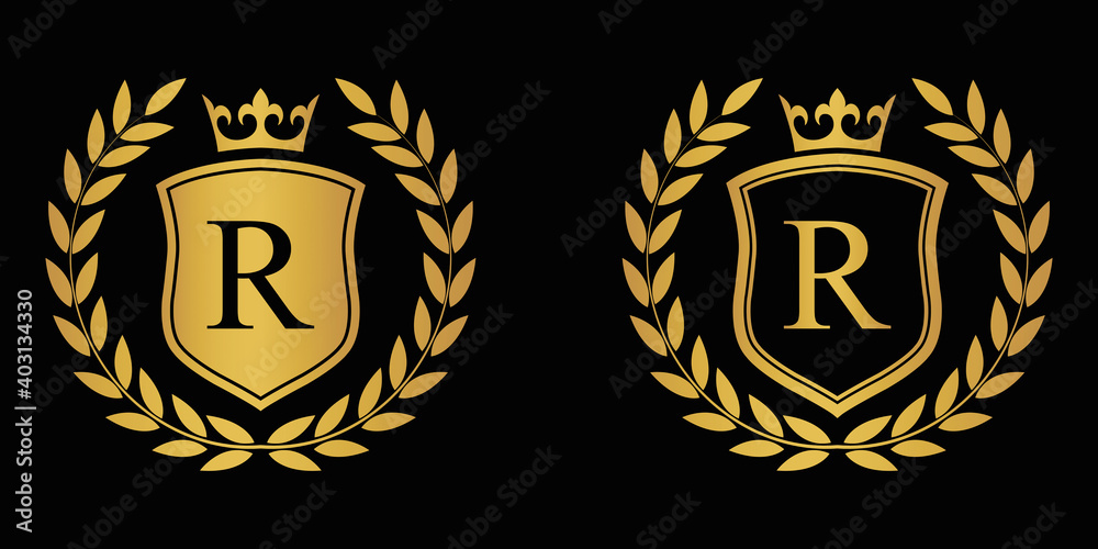 Letter R golden laurel wreath template logo Luxury shield letter with crown. Monogram alphabet . Beautiful royal initials letter. Letter R golden laurel wreath template logo Luxury shield letter with crown. Monogram alphabet . Beautiful royal initials letter.