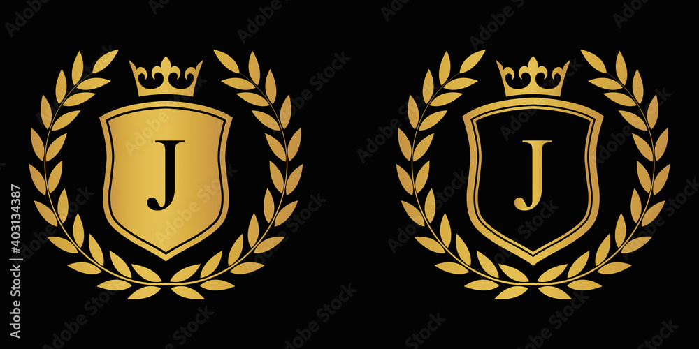  Letter J golden laurel wreath template logo Luxury shield letter with crown. Monogram alphabet . Beautiful royal initials letter.