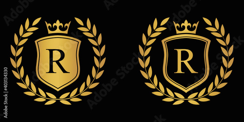  Letter R golden laurel wreath template logo Luxury shield letter with crown. Monogram alphabet . Beautiful royal initials letter.