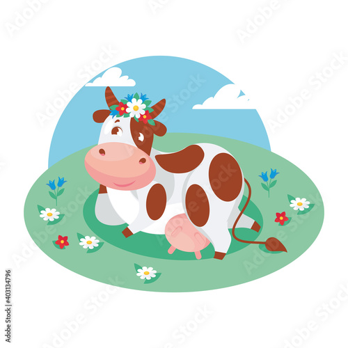 A cute cow lies on her side, propping her head up with her front leg, and dreams on the lawn. Vector illustration for packaging, advertising, character design, postcard, poster.