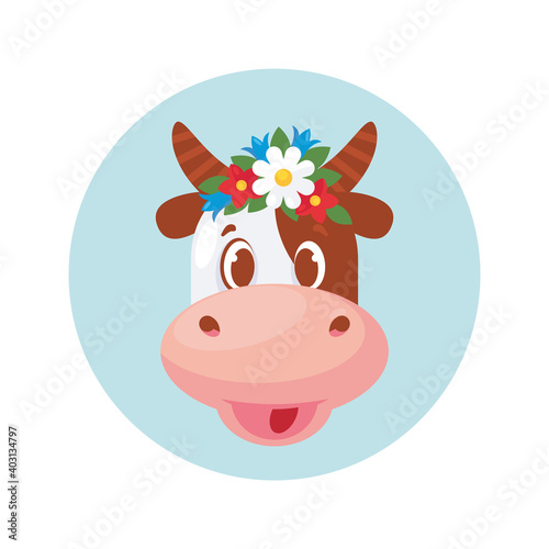 Head of a funny cow with a wreath. Vector illustration, character, logo, emblem, sticker, isilated on white backgroung