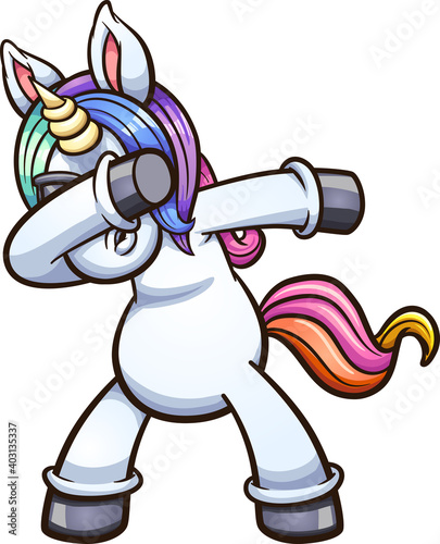 Dabbing unicorn wearing sunglasses. Vector clip art illustration with simple gradients. All on a single layer.
