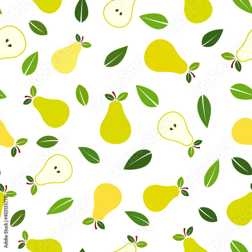 Pear fruit full, halves and green leaves flat vector illustration ove white background seamless pattern.