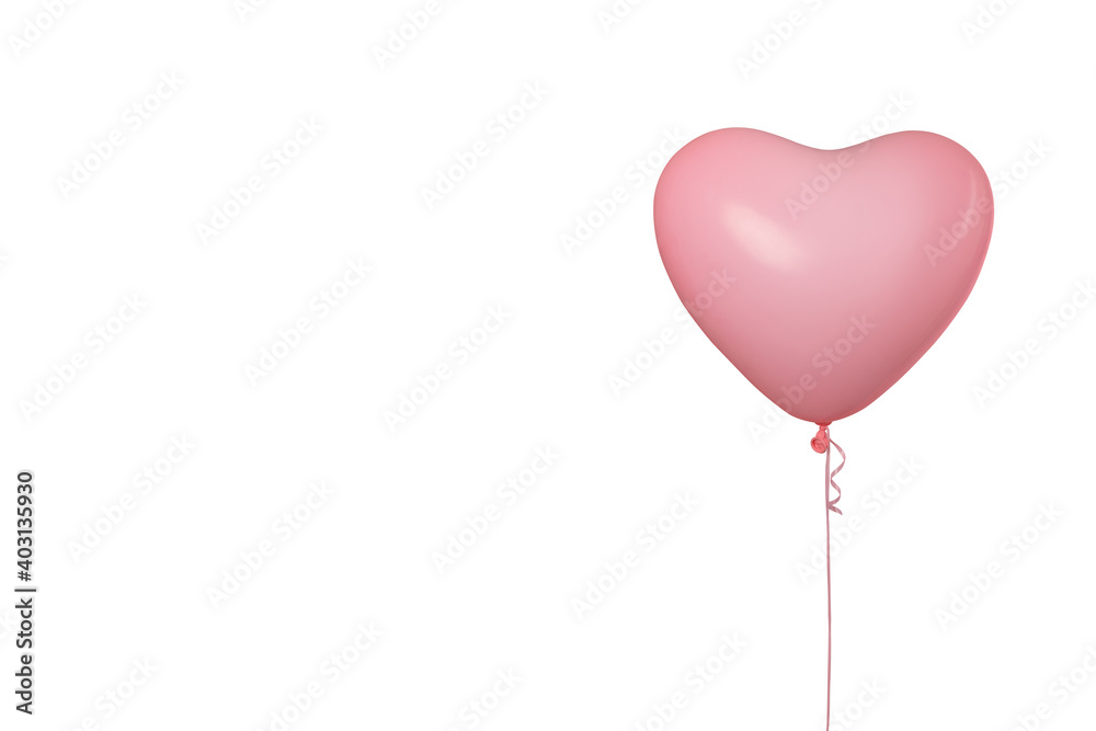 Pink bright air rubber balloon in shape of heart isolated on white background. Postcard concept for valentine day 14 february.